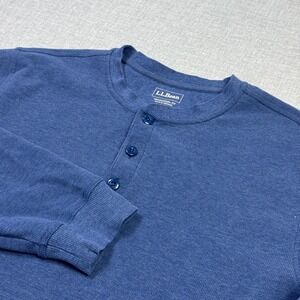 L.L. Bean Waffle-Knit Thermal Henley Men Large Blue Long Sleeve Crew Neck Button